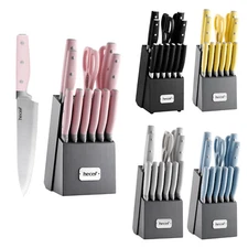 Hecef® 14 Pcs Knife Set with Wooden Block Sharp Blades Chef Santoku Steak Knives