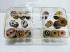 Lot of 15 Vintage Wood Sewing Thread Spools with Plastic Case=Various Brands