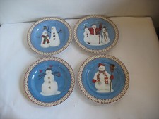 S/4 Debbie Mumm Sakura SNOWMAN 8" Salad Dessert Plates NIB Christmas Winter