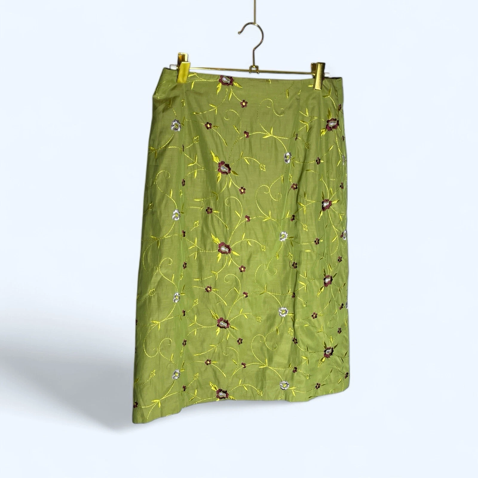 Vintage Olive Green Floral Womens Knee Length Skirt Size 10 Embroidered