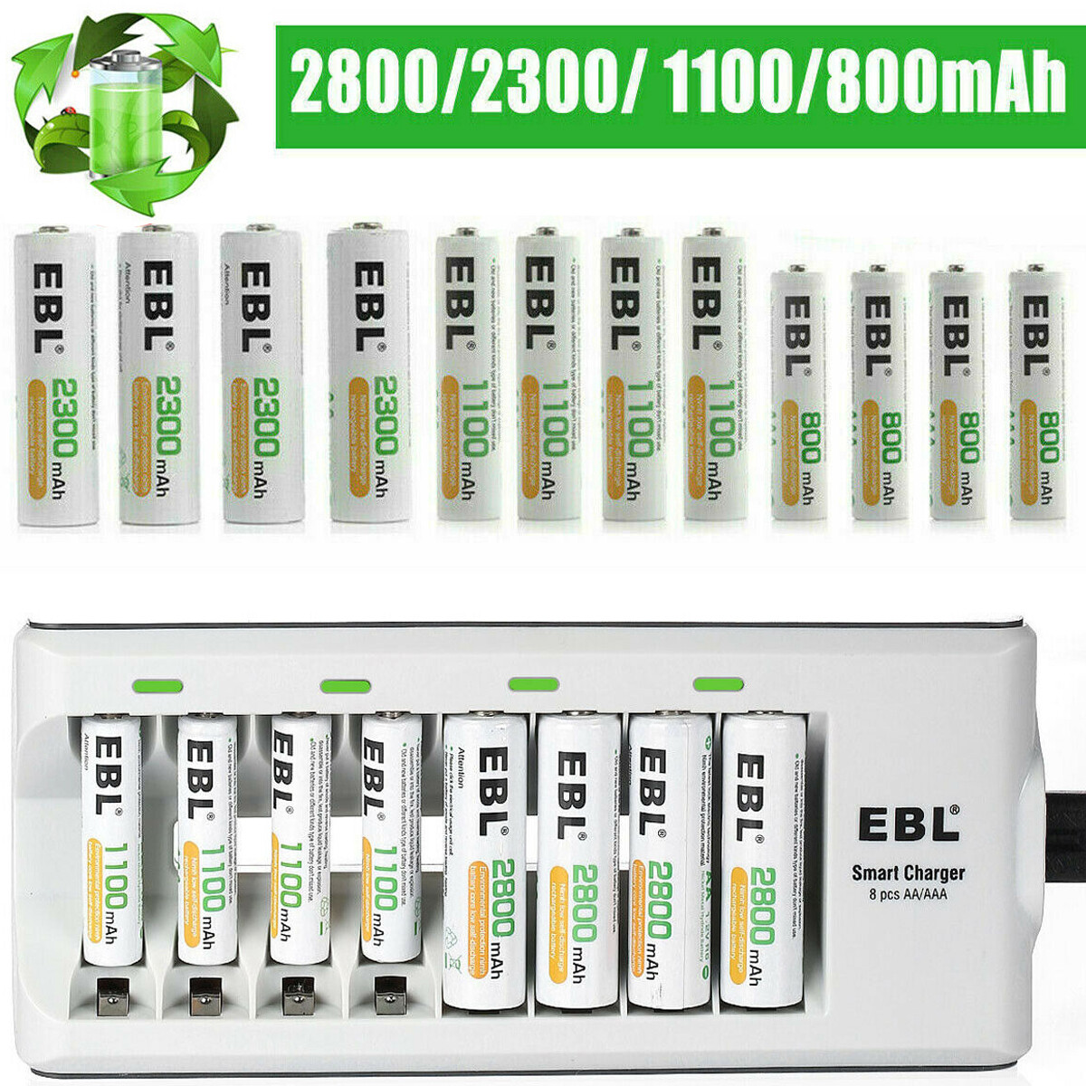 EBL AA AAA NIMH Rechargeable Batteries 1100mah 2800mah With 8 Slots Charger+Box-image