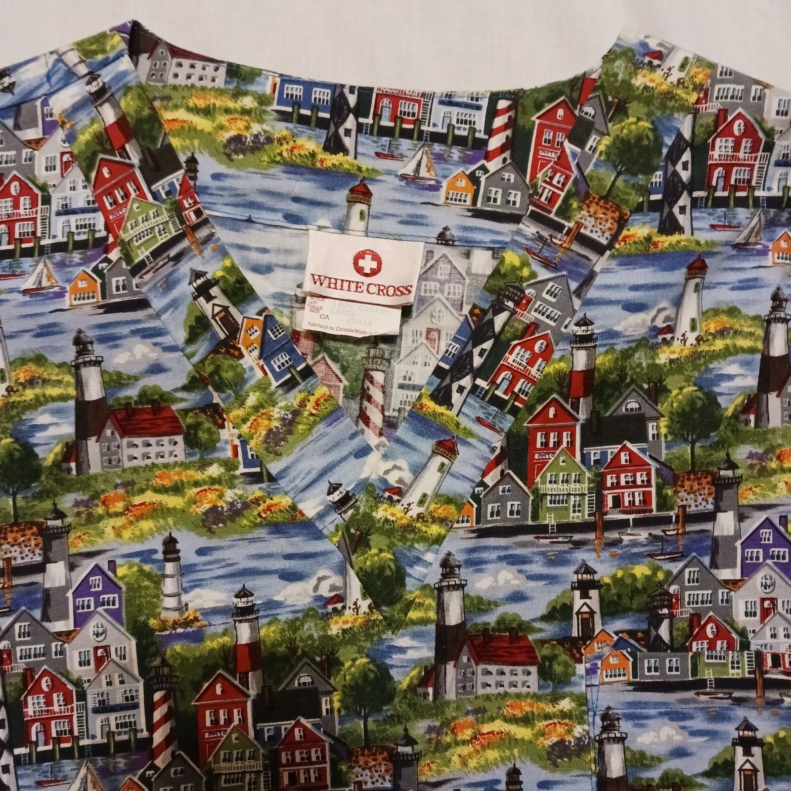 5 WHITE CROSS Women's L Scrub Tops CATS , 3 button up Bears, Noah's Ark, Floral