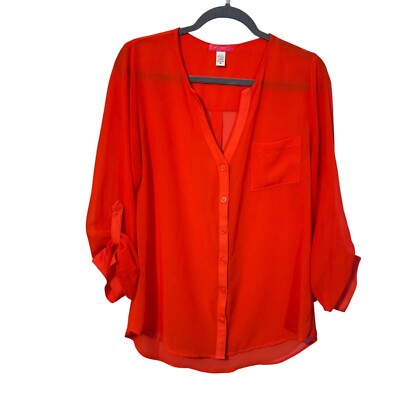 Degrees Button-Down Blouse With Roll-Tab Sleeves & Pocket Sz Medium Top