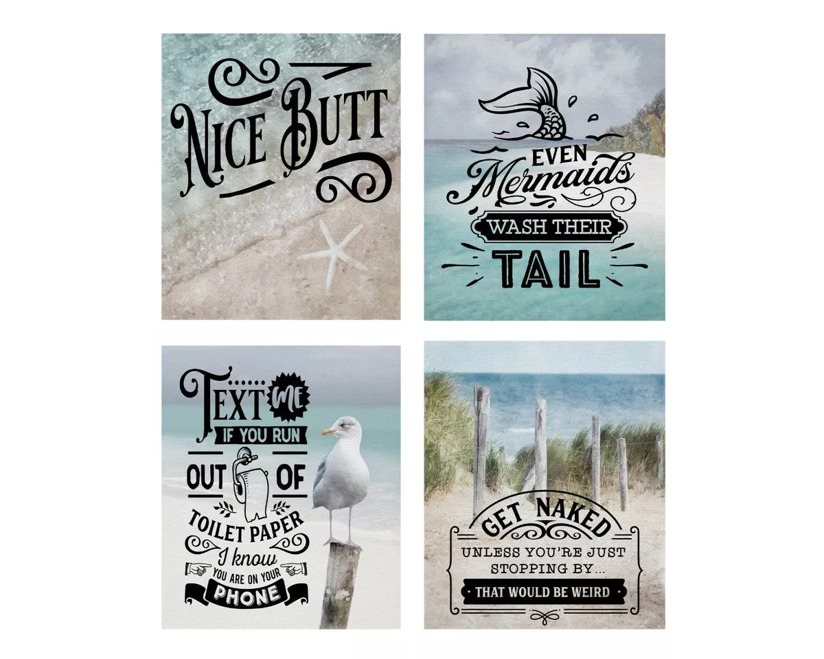 Set of 4 8x10 Tranquil Beach Bath Funny Bathroom Wall Art Canvas