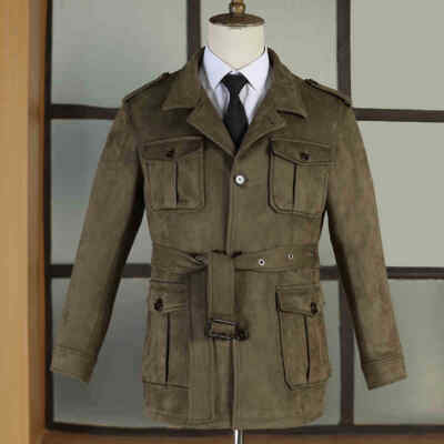 Herren Retro Wildleder lässig Safari Jacke mehrere Taschen Gürtel Jagd Mantel Oberbekleidung