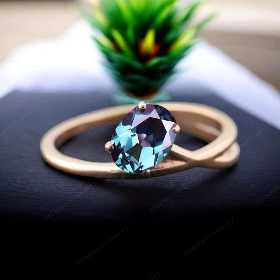 Anillo solitario oro rosa 9K 8X6 mm forma ovalada natural púrpura alejandrita Foto 4 de 4