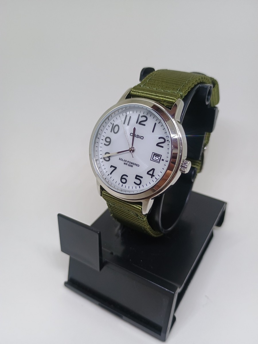 SE-S1O　CASIO Men's Casio Watch MTP-S100 5330 Solar White Dial Green Canvas Band