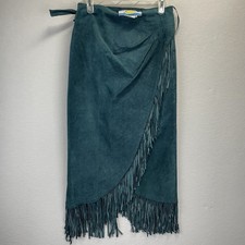 Vintage Springwest Western Leather High Rise Wrap Fringe Teal Midi Skirt Size M