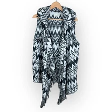 Jolt Hooded Aztec Tribal Fringe Vest Black White  XL Open Front Boho Western