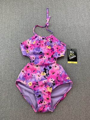 Art Class High Neck 1 PC Swimsuit Girls Size S 6/7 Purple Pink Side Cut Out Cute