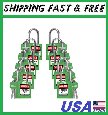 Lockout Tagout Locks Set - 10 Green Keyed Alike Padlocks, 2 Keys Per Lock, OSHA