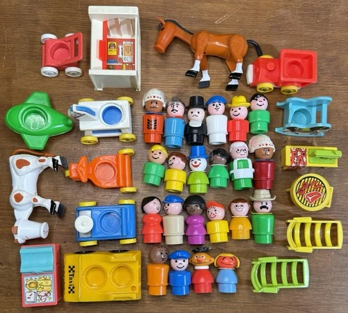 Vintage 1970s Fisher Price Little People Plastic Figures Lot Parts Vehicles Etc