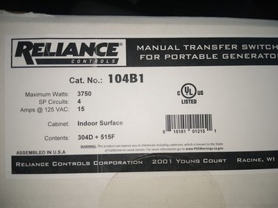 Reliance Controls manual transfer switch. Maximum  Watts 3750, 4 curcuits,