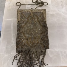 Antique French Steel Metallic Micro Beaded Handbag : Fapper Fringe Art Nouveau