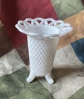 Vintage IMPERIAL MILK GLASS Lace Edge Diamond Point Katy Footed Vase 4.75”