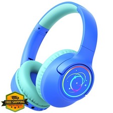 Kids Bluetooth Headphones 85H Playtime LED Lights Volume Limit Blue