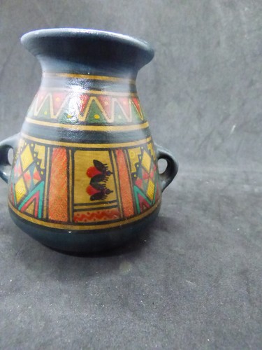 Vintage Pottery Ethnic Black & Browns Peruvian Inca Small Vase + Handles 9cm VGC - 第 5/12 張圖片