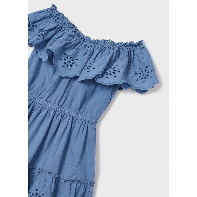 Mayoral Porcelain Eyelet Motif Cotton Dress Blue Ruffle Embroidered Girl's 7 - Image 4 of 4