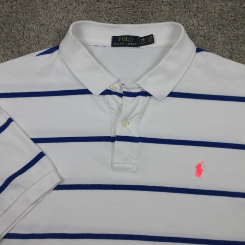 Polo Ralph Lauren Shirt Mens 2XB White Blue Striped Pink Pony Pique Knit Golf - Picture 2 of 12