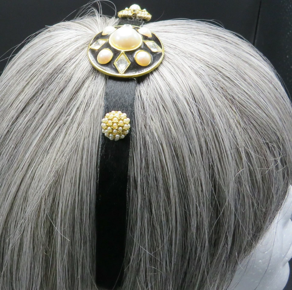 Diadema HAPACHICO LUPITA Vintage Años 80 Hecha a Mano Perlas de Piel Negra Estrás  Foto 3 de 4