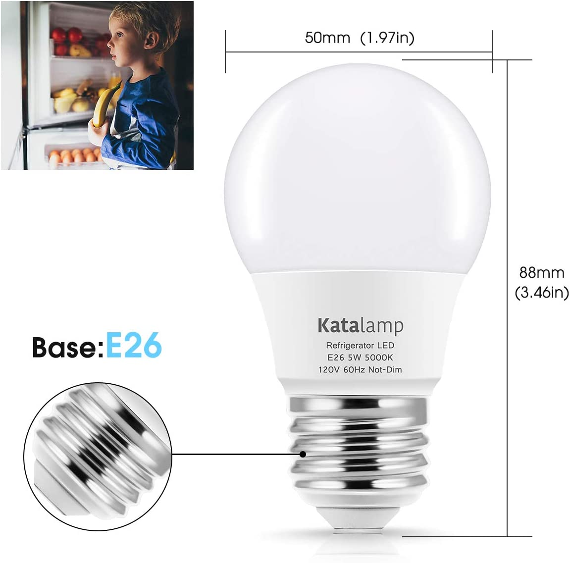 KQHBEN Refrigerator Light Bulb – 40W Equivalent, 5000K Daylight White, 2-Pack