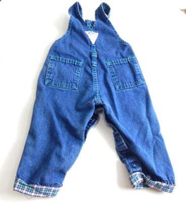 OshKosh Vintage 1990's Overalls 6-9 Months USA Denim Plaid Trim