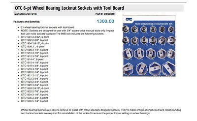 OTC Tools 9850 Bearing Locknut Socket Set With Tool Board
