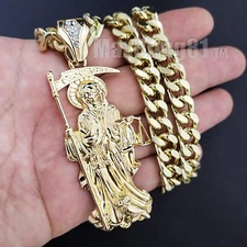 Gold Plated Alloy SAINT DEATH SANTA MUERTE Charm 18" ~ 30" Cuban Chain Necklace 