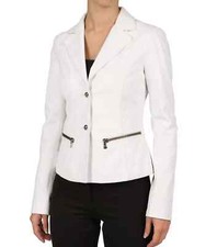 Stylish Button Women Blazer White Classic Real Genuine Lambskin Leather Party