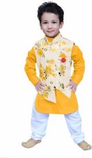 Boys Festive  Party Kurta, Waistcoat and Pyjama Set  Yellow Pack of 1 