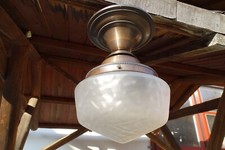 c. 1920 orig. patinierte MESSING PLAFONIERE Deckenlampe satinierter Lampenschirm