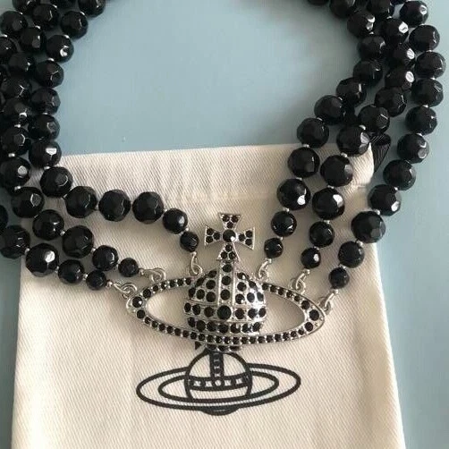 Vivienne Westwood Messaline Triple Three Row Black Gem Silver Necklace Choker