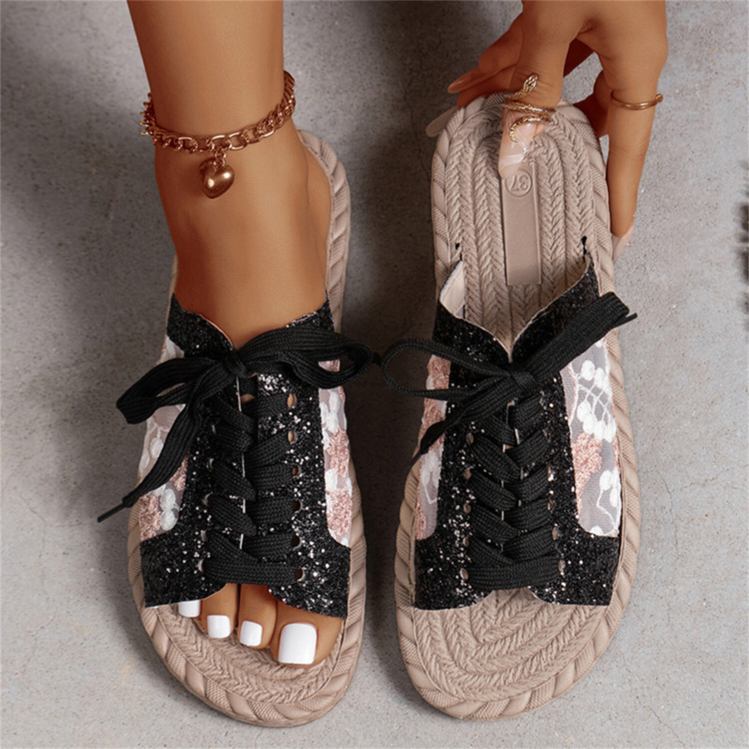 PANTOFOLA D’ORO Sandali donna bohemien paillettes punta aperta flat stringati leggeri estivi slide