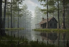 CABIN FOREST TREE ART PRINT, Lake Wall Decor, House Landscape Poster G074