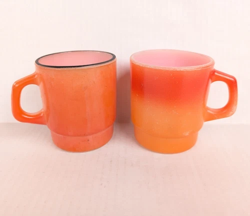 Vintage Fire King Mug Set of 2 Orange Gradient Ombre Stackable Anchor Hocking