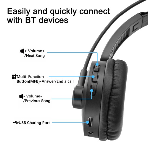 Trucker Wireless Bluetooth Headset Headphones Over-Ear Noise Cancelling Boom Mic - Picture 9 of 28