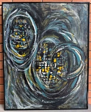 Vintage MCM Abstract Swirls Geometric Oil Painting Mid Century Modern Art 60s