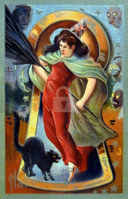 Halloween, Witch & Black Cat Vintage Reproduction Postcard
