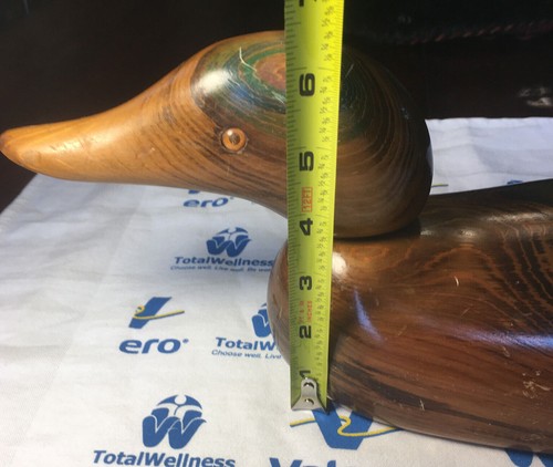 Testa girevole vintage a grandezza naturale intagliata a mano legno anatra vetro occhi firmata 16” rara - Foto 11 di 12