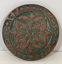 Asheville Tileworks Terracotta Tile Round Trivet Brown and Teal Green