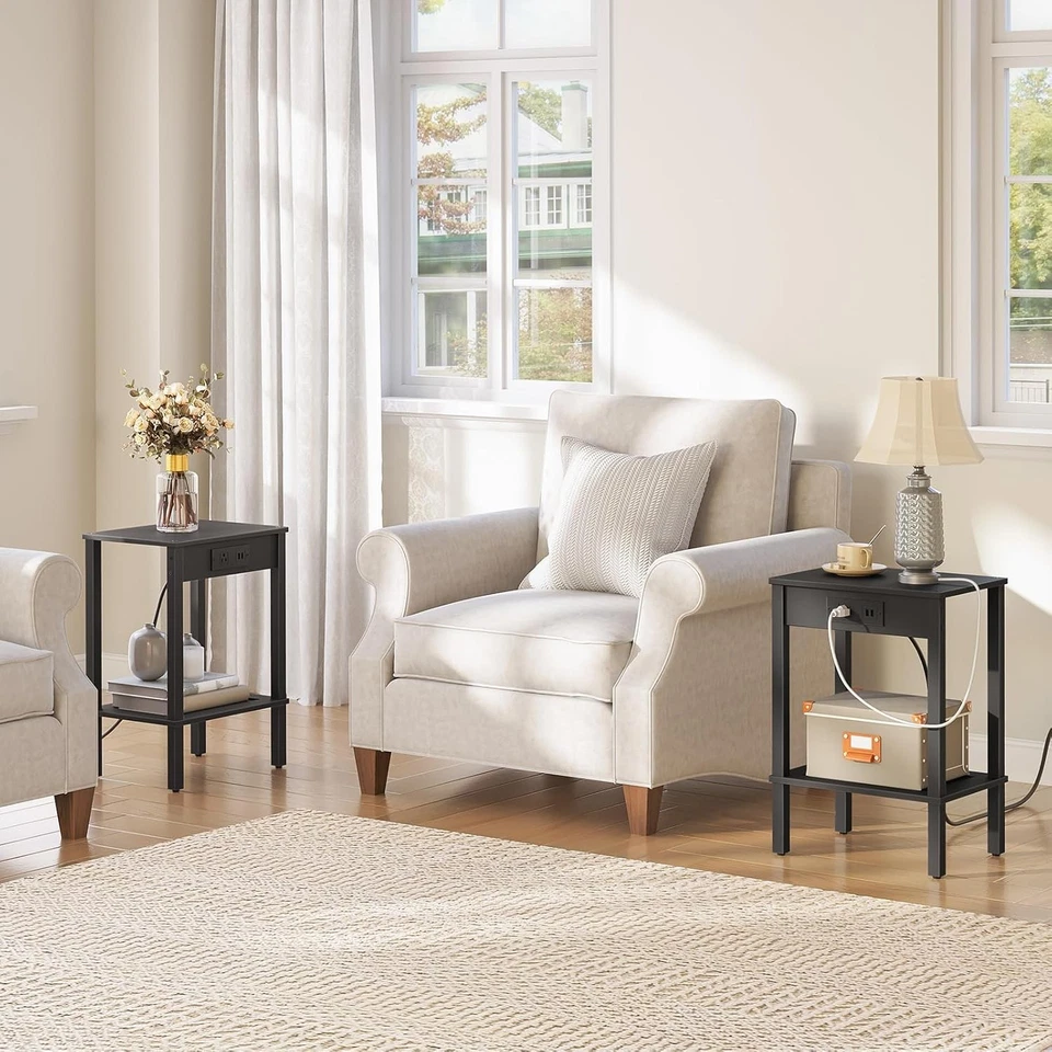 HOOBRO Side Table with Charging Station Set of 2 End Tables Nightstand Black - Image 2 of 4