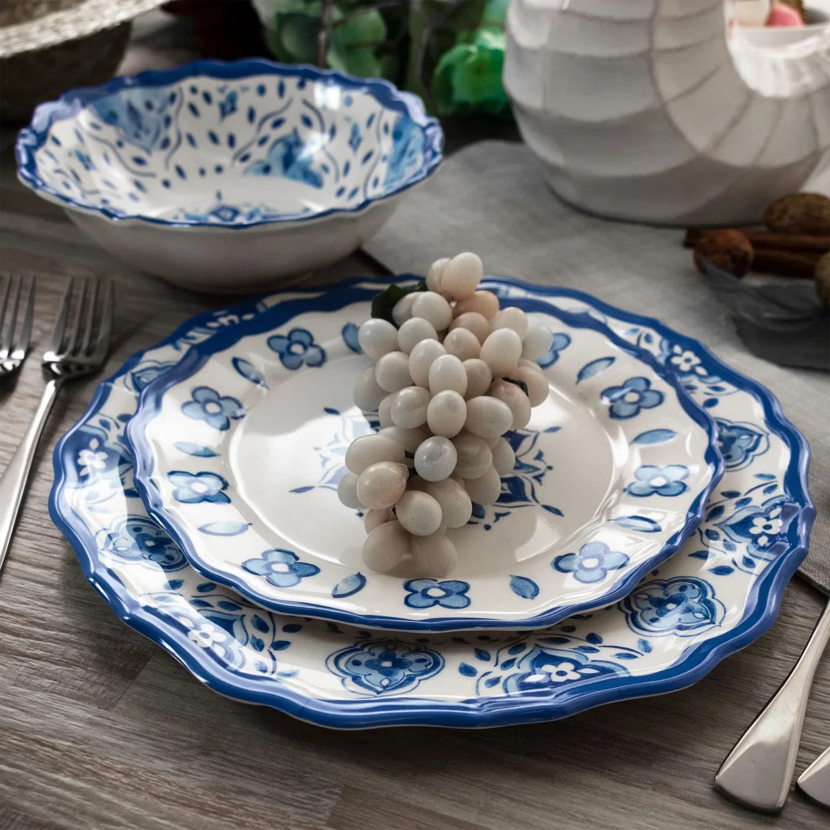 Elama Blue Garden 12-Pc Scalloped Melamine Dinnerware Set Se