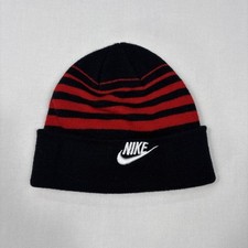 Vintage Nike Beanie Youth Black Striped Swoosh Running Outdoors OSFA 90s Cuffed
