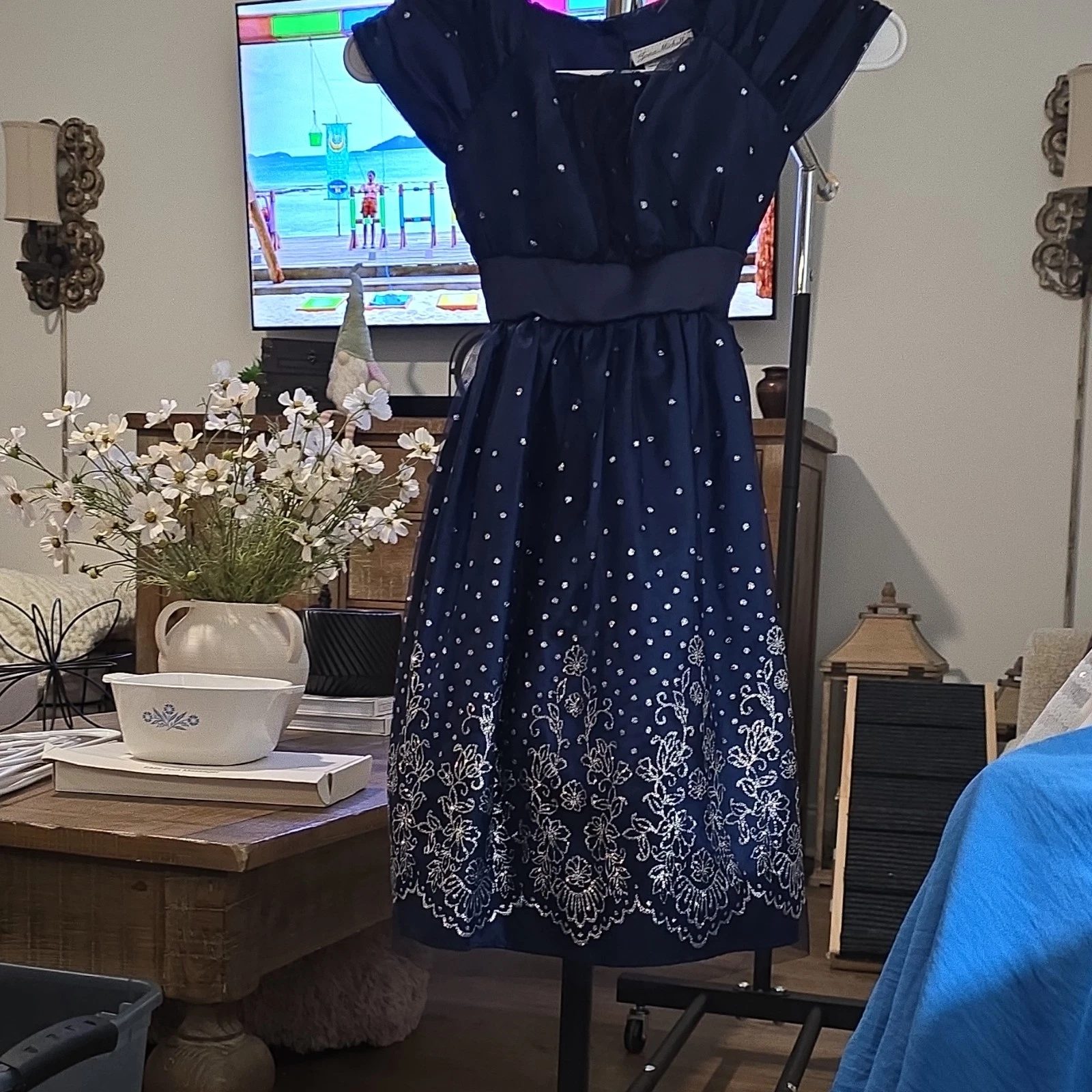 Jona Michelle Girls Fit & Flare Navy White Floral Polka Dot Knee Dress Size 7
