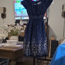 Jona Michelle Girls Fit  Flare Navy White Floral Polka Dot Knee Dress Size 7