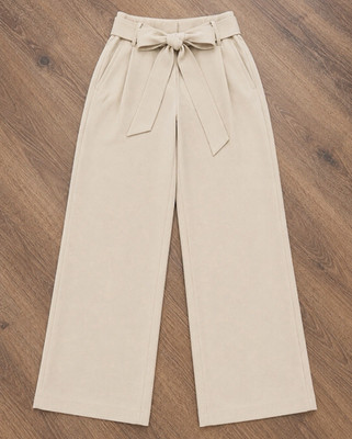 Aritzia Wilfred Women's Beige Solid Pleated Wide-Leg Dress Pants Belt