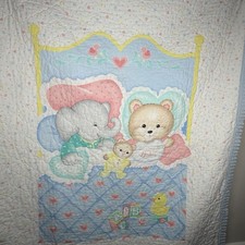 VTG Baby Crib Quilt Blanket Blue Bear Elephant Duck Hearts Boys Nursery Decor