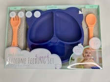 NIB Owl  Coo Baby Toddler Silicone Feeding Set Divided Plate Spoon Fork Blue