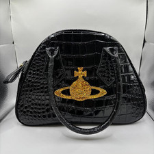 Vivienne Westwood Orb Yasmine Handbag Croc Embossed Patent Black Gold