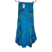 NEW Alli Kai M Boho Aqua Blue Floral Vine Wide Leg Beach Pant Festival Flare